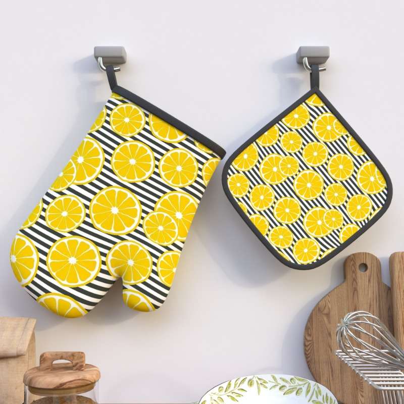 2pcs Lemon Print Oven Mitts Heat Resistant Kitchen Gloves with Black White Striped Design