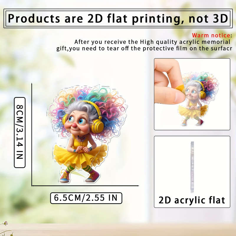 1pc 2D Flat    Acrylic Pendant Whimsical Bohemian Grandma Charm with Colorful Hair Headpho