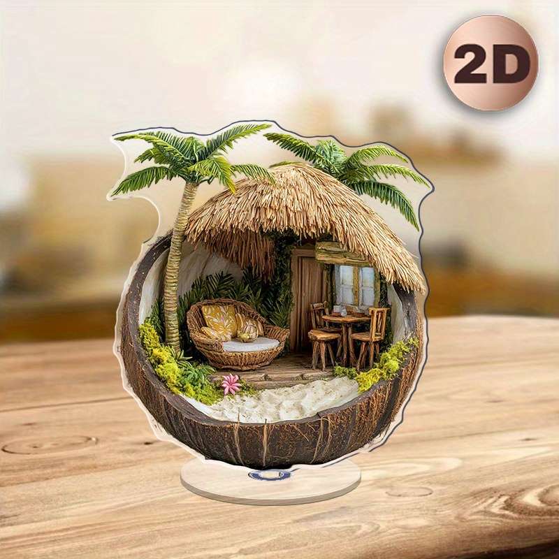 1pc 2D Flat  Tropical Hut in a Coconut Shell Acrylic Desk Decor with Stand  Design Featuring Pa