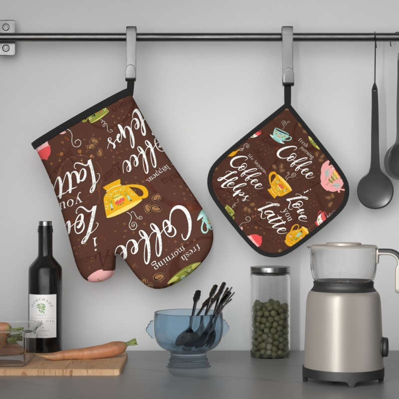 2pcs Vintage Coffee Pastry Design Oven Mitts and Pot Holders 26.92x17.02 cm Heat Resistant