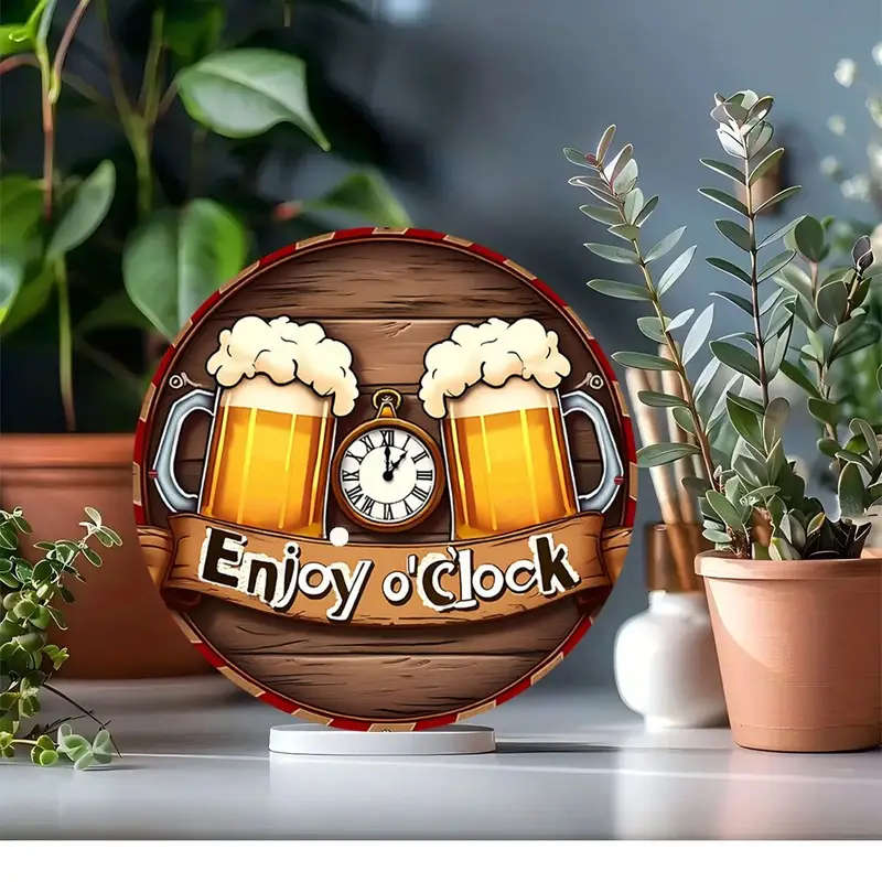 1pc Rustic Enjoy o'Clock Beer Mugs Wall Clock Round Aluminum Sign Festive Hanging Decor for Home Pat