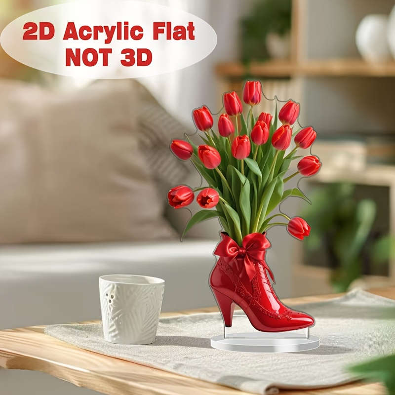 1pc 2D Flat   Classic Red High Heels Tulip Acrylic Desktop Decor Romantic  Design Perfect