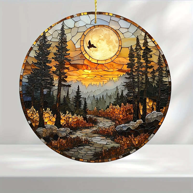 1pc 2D Flat Bohemian Sunset Mountain View Light Catcher 7.62cm Acrylic Stained Glass Window Hanging