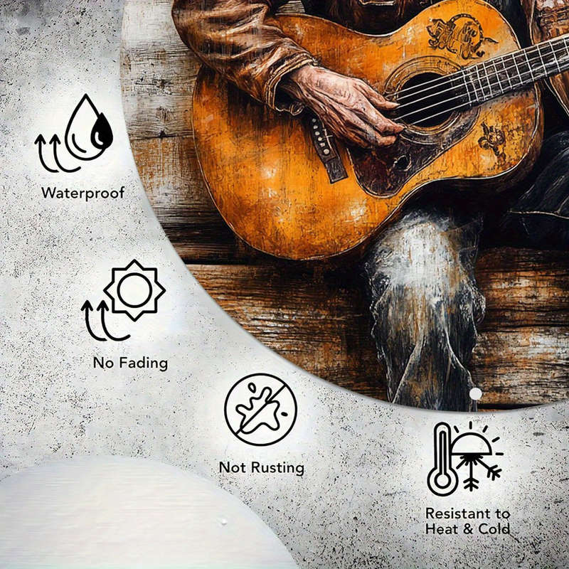 1pc  Rustic Guitar Player Metal Sign Vintage Denim Guitar Wall Art Waterproof HD Print Pre
