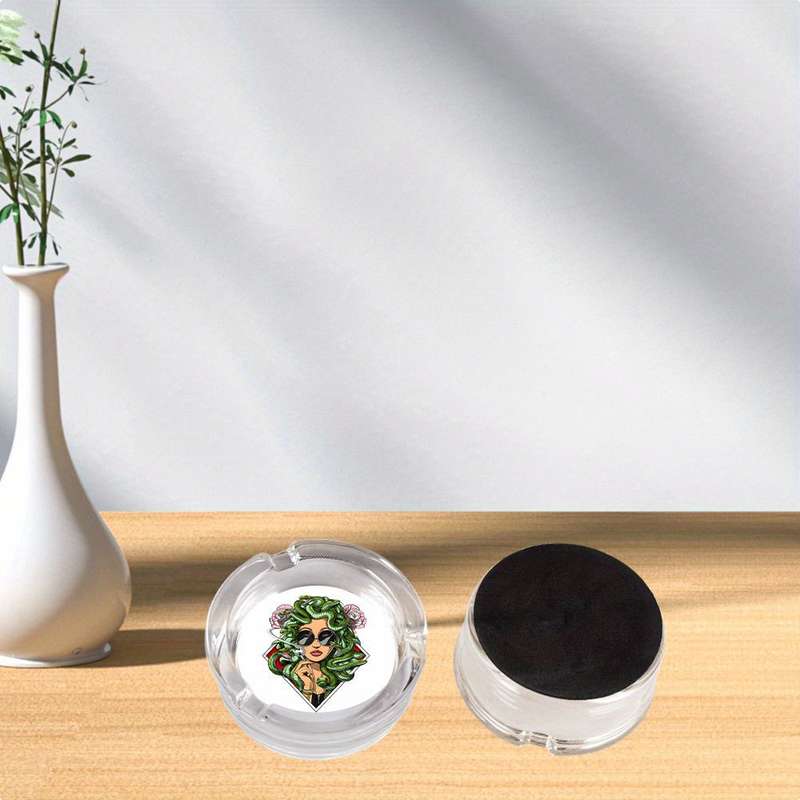 1pc Medusa Art Glass Ashtray with Anti-Slip Base Emerald Serpent Blossom Motif Crystal Clear R