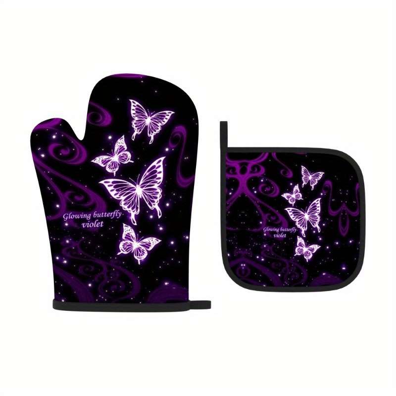 2pcs Purple Dream Butterfly Polyester Oven Mitts Heat Resistant Pot Holders Machine Washable
