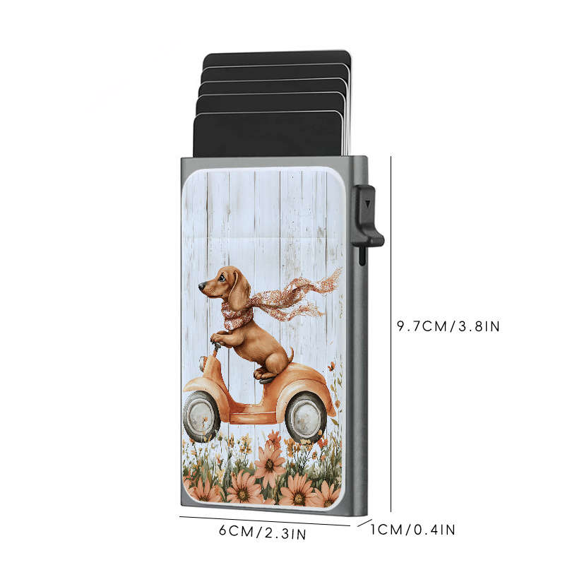 1pc Dachshund on Scooter Pattern Metal Wallet with Pop-Up Card Holder Casual Style Slim Busine
