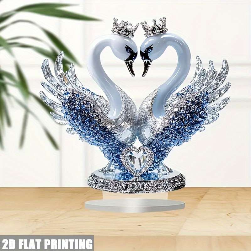 1pc 2D Flat   Ornate Style Acrylic Swan Statue with Heart Shaped Crown Romantic Desktop Decorat