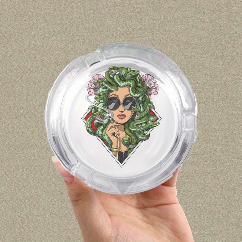 1pc Medusa Art Glass Ashtray with Anti-Slip Base Emerald Serpent Blossom Motif Crystal Clear R