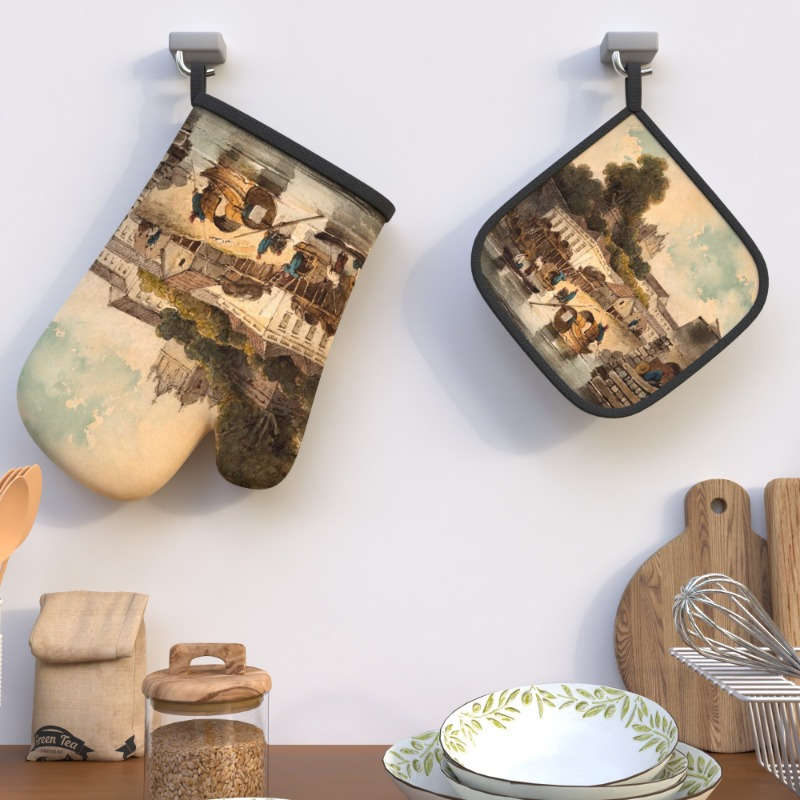 2pcs Heat-Resistant Oven Mitts with Charming Small Town Life Design 26.92x17.02 cm Polyester