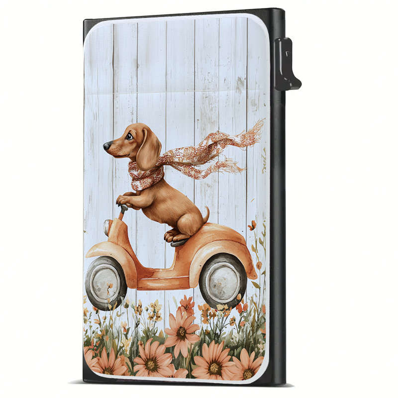 1pc Dachshund on Scooter Pattern Metal Wallet with Pop-Up Card Holder Casual Style Slim Busine