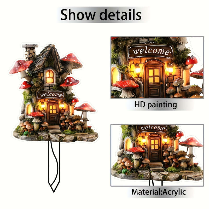 1pc 2D Flat    Acrylic Mushroom House Garden Insert Card Vibrant Red White Mushroom D