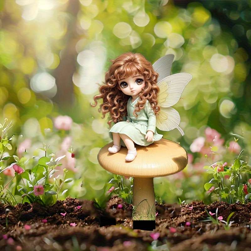 1pc 2D Flat    Garden Stake Decoration Art Deco Style Plastic Sitting Mushroom Butter