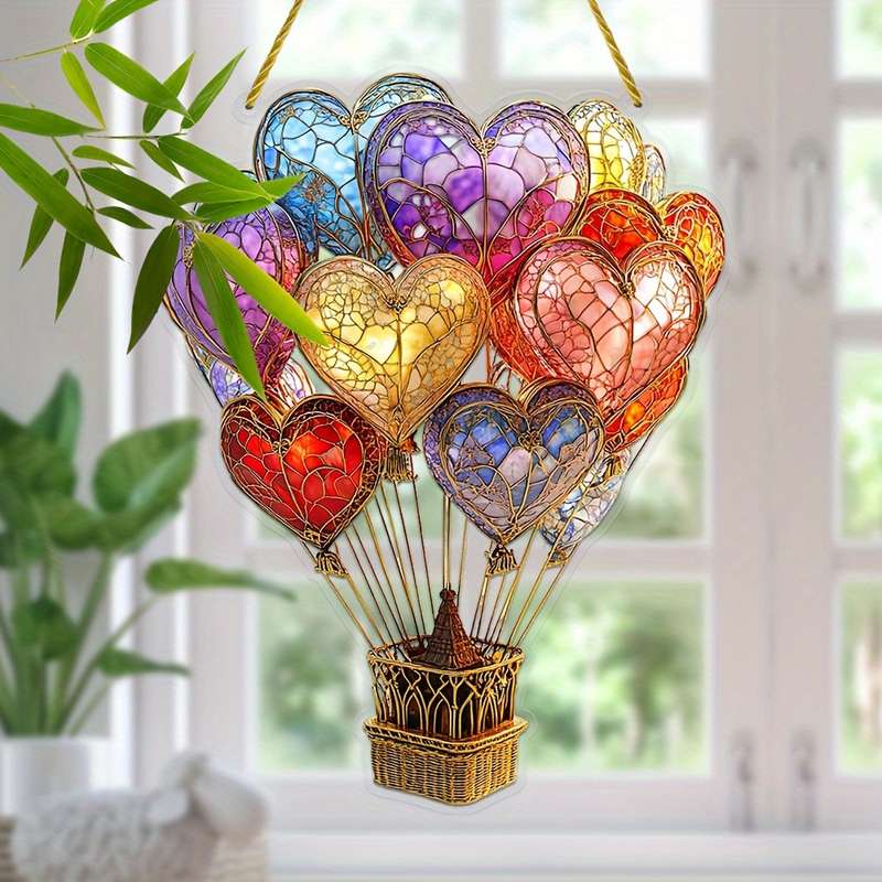 1pc 2D Flat   Elegant Heart-Shaped Hot Air Balloon Acrylic Sun Catcher  Stained Glass Style