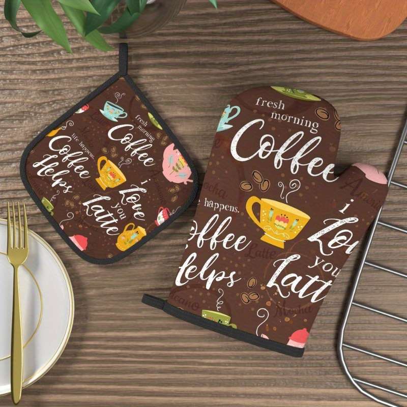 2pcs Vintage Coffee Pastry Design Oven Mitts and Pot Holders 26.92x17.02 cm Heat Resistant