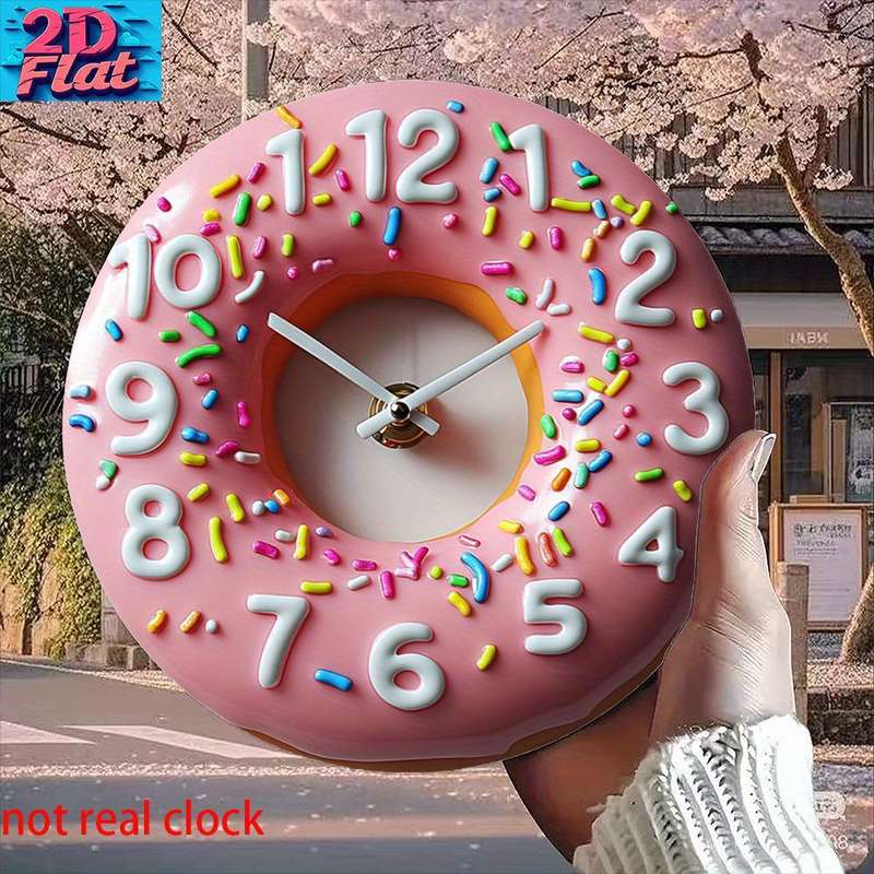 1pc 2D Flat Aluminum Wall Clock Pink Donut Shape with Colorful Sprinkles Frosting Not real clock