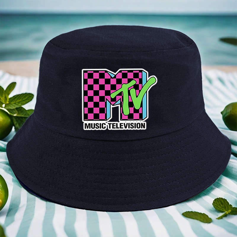 1pc MTV Logo Print Bucket Hat Vibrant Yellow Lightweight Polyester Machine Washable Ideal for