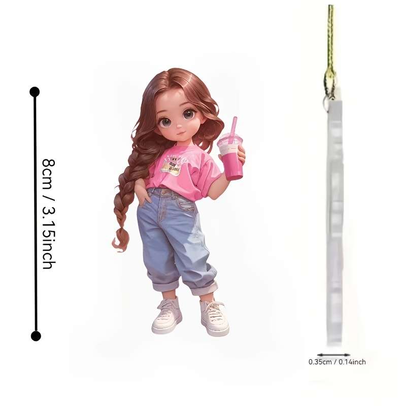 1pc 2D Flat  Acrylic Pendant Long Braided Pink Girl with Drink Ideal for Car Rearview Mirror Wal