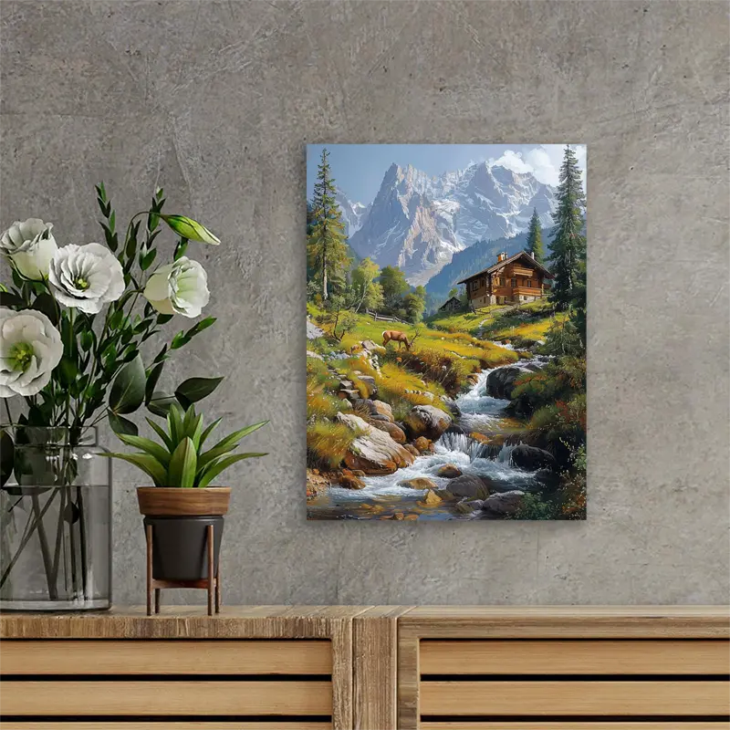 1pc Wooden Framed Canvas Painting an Oil Painting of The Picturesque Alpine Landscape Surrounded by
