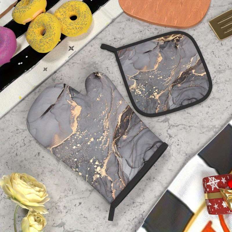 2pcs Grey Marble Pattern Polyester Oven Mitts Heat Resistant Potholders Machine Washable Wov