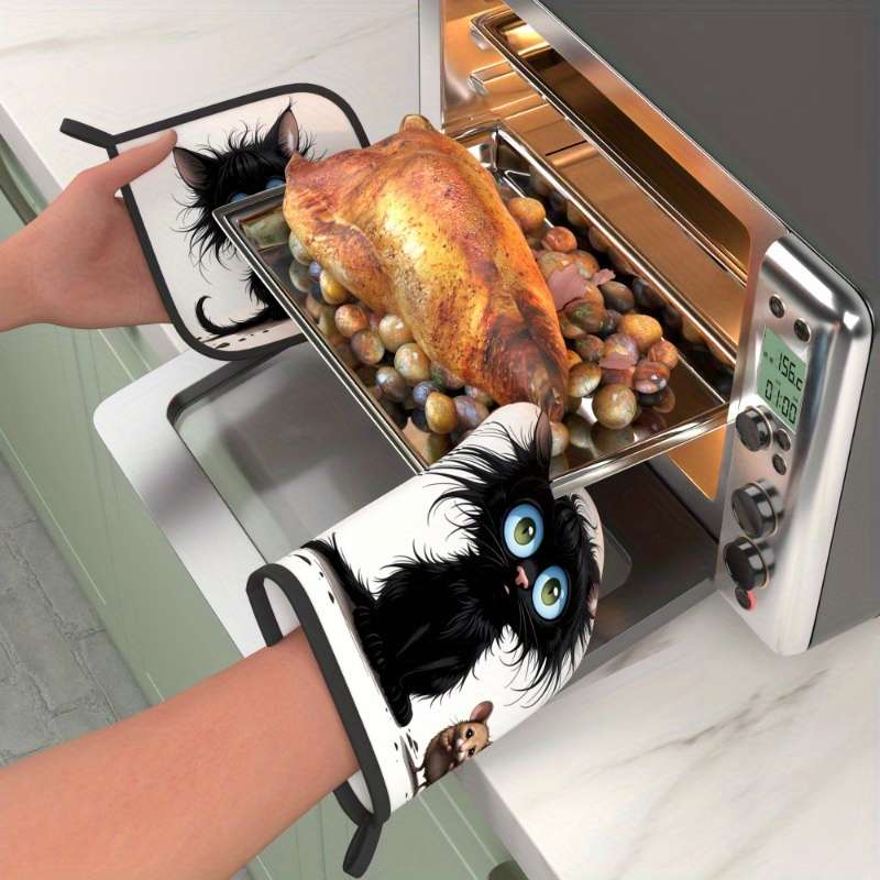 2pcs Heat-Resistant Oven Mitts Potholders Cute Black Kitten Brown Mouse Design 26.92x17.
