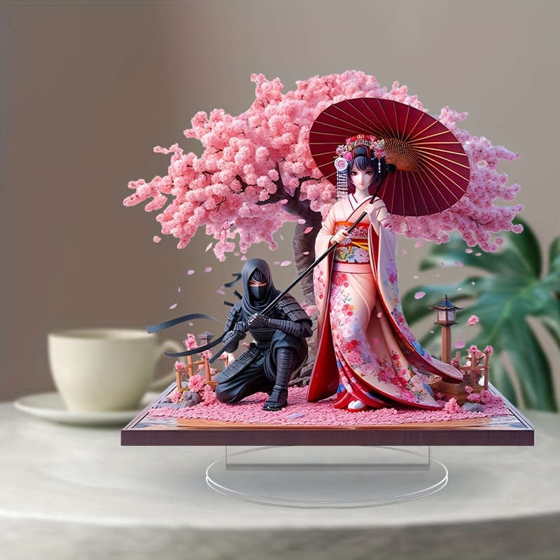 1pc 2D Flat  Design Acrylic Tabletop Statue Anime Style Cherry Blossom Tree with Ninja Phantom Vi