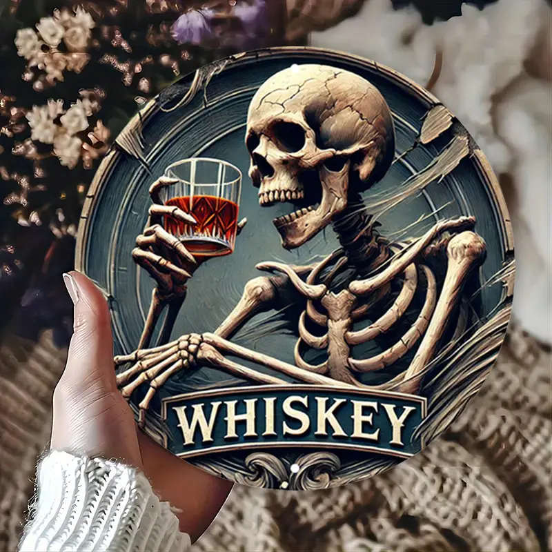 1pc Vintage Whiskey Skeleton Round Aluminum Sign Rustic Metal Wall Decor with Ornate Border Ideal fo