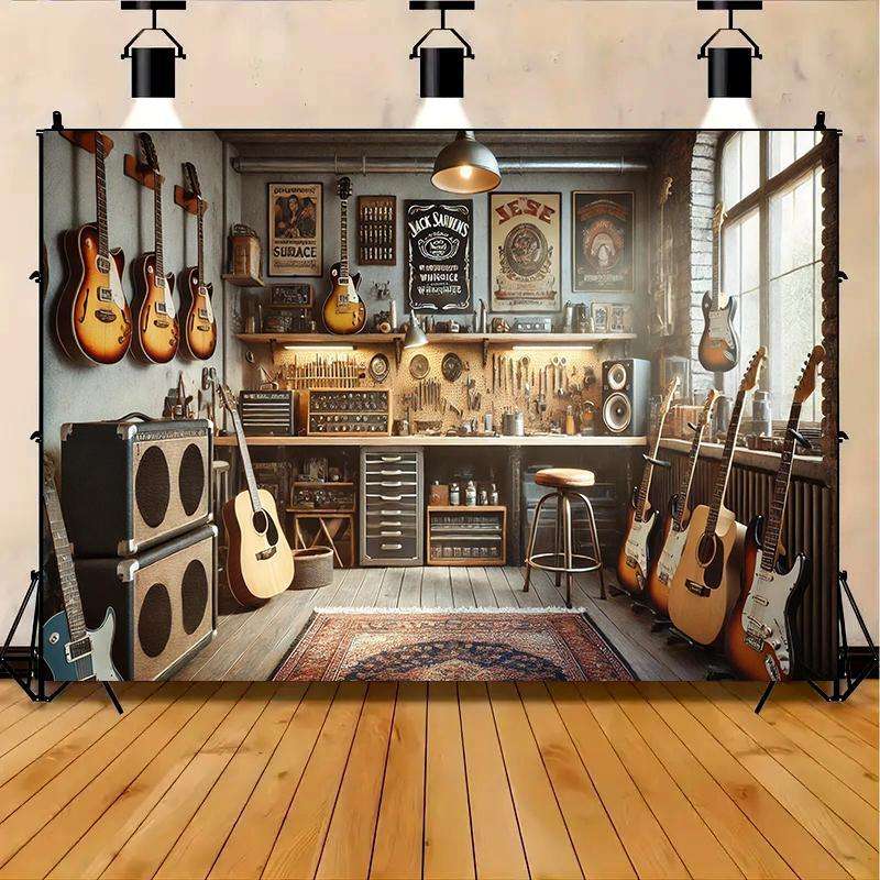 1pc  Cozy Vintage Music Garage Workspace Polyester Banner 243.84x182.88cm Ideal for Studio H