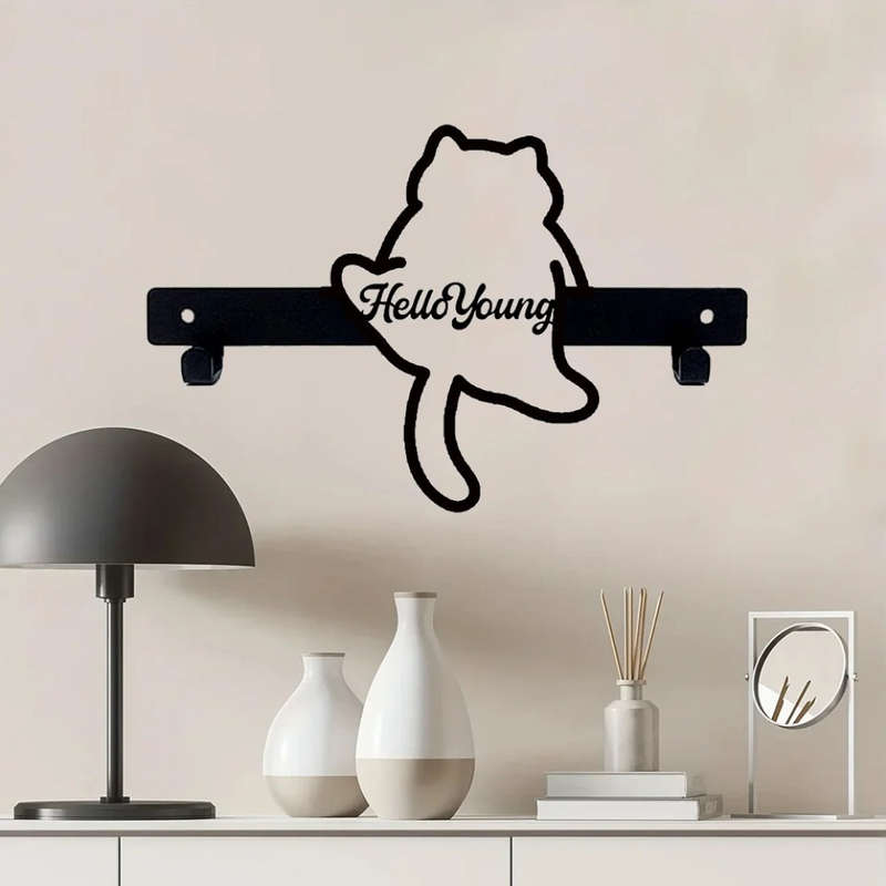 1pc HelloYoung Contemporary Metal Leaping Cat Key Holder with Anti-Slip Wall Mounted Hooks for Coats