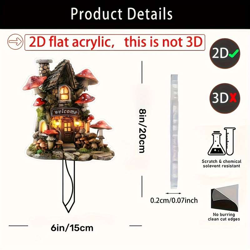 1pc 2D Flat    Acrylic Mushroom House Garden Insert Card Vibrant Red White Mushroom D