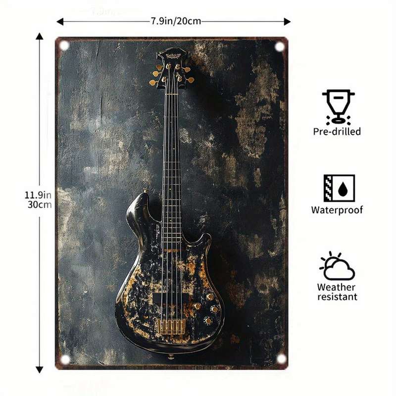 1pc  Vintage Electric Guitar Metal Sign 20.32x30.48 cm Retro Wall Art Rustic Black and Golden