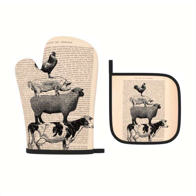 2pcs Vintage Farmhouse Kitchen Set 26.92x17.02 cm Oven Mitts Pot Holders with Chicken Pig