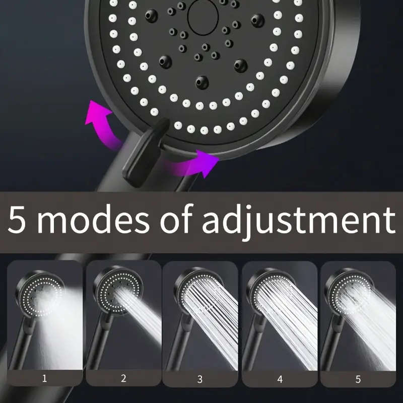 1set High-Pressure Handheld Shower Head with Bracket and Hose 5 Adjustable Water Flow Modes Wall Mou