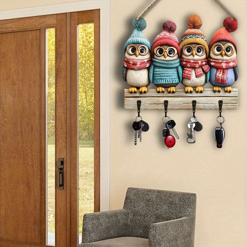 5 Cute Owl Key HoldersColorful Wooden  Home Decor Wall Art with Four Metal Hooks (30.0cm x 24.99