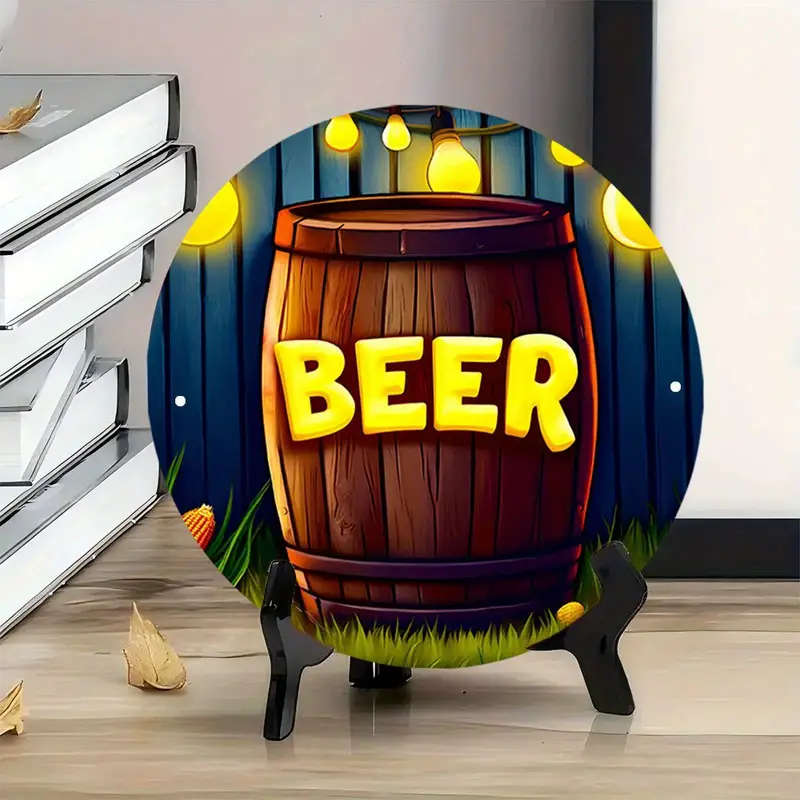 1pc BEER-Themed Neon Light-Up Barrel Wall Art - 19.81cm Round Aluminum Sign with Vibrant Colors Dura