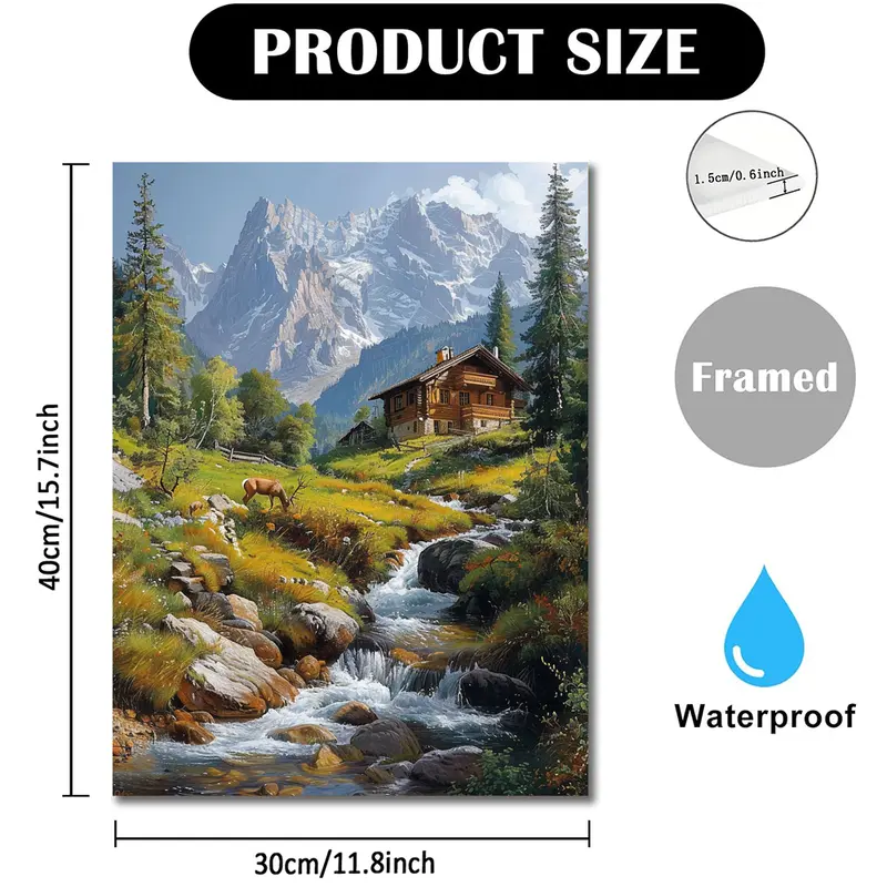 1pc Wooden Framed Canvas Painting an Oil Painting of The Picturesque Alpine Landscape Surrounded by
