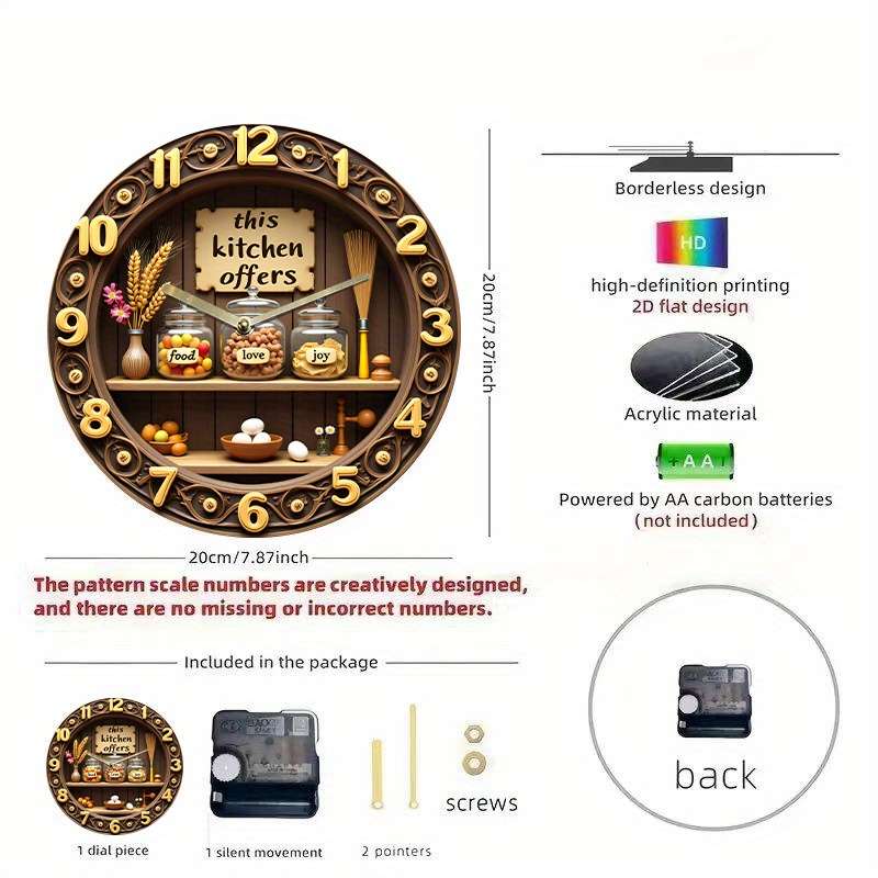1pc This kitchen offers food love joy. 8-inch 2D Flat Silent Wall Clock Acrylic Quartz Desi