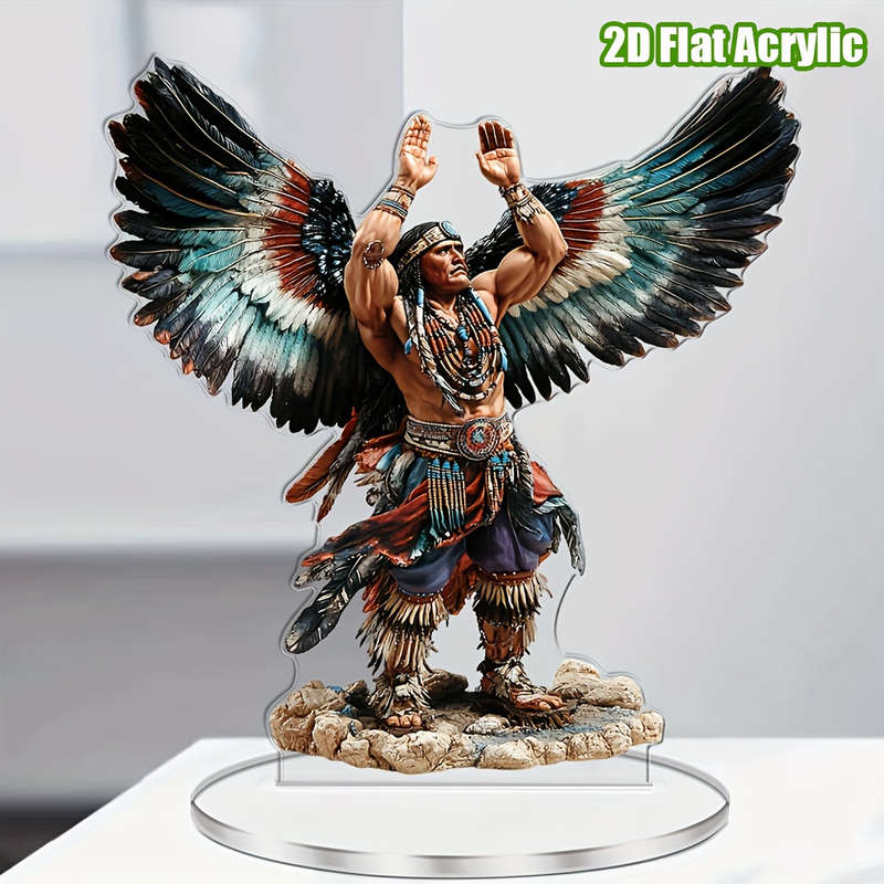1pc 2D Flat  Acrylic Native American Warrior Figure with Vibrant Feathered Wings Inspirational Boh