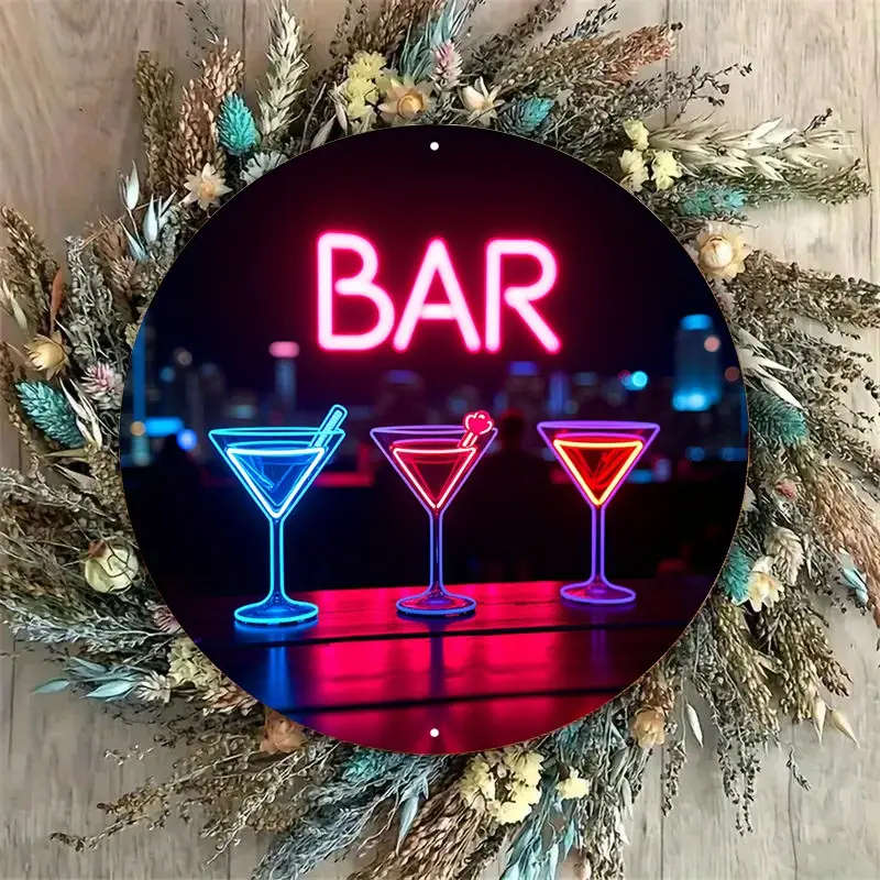 1pc Vintage Metal Sign Retro Neon Cocktail Glasses City Skyline in Background Vibrant Colors Dark Ur