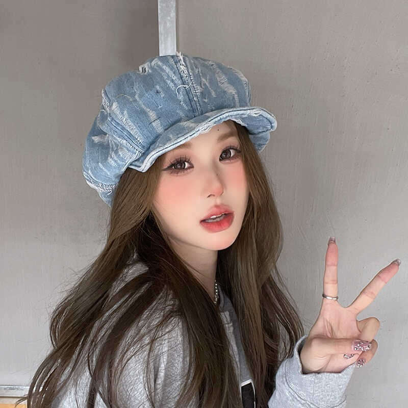 1pc Vintage Distressed Cloud Pattern Beret Hat Acrylic Lightweight Painter Cap with Stripe Cra