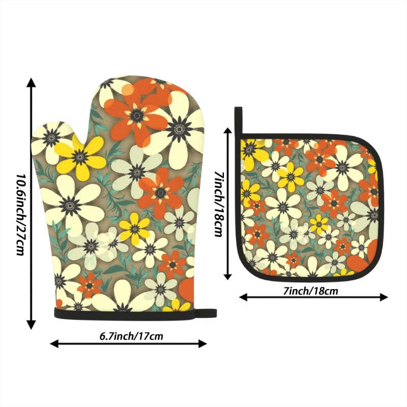 2pcs Floral Heat-Resistant Oven Mitts Potholders Watercolor White Yellow Red Flowers wit