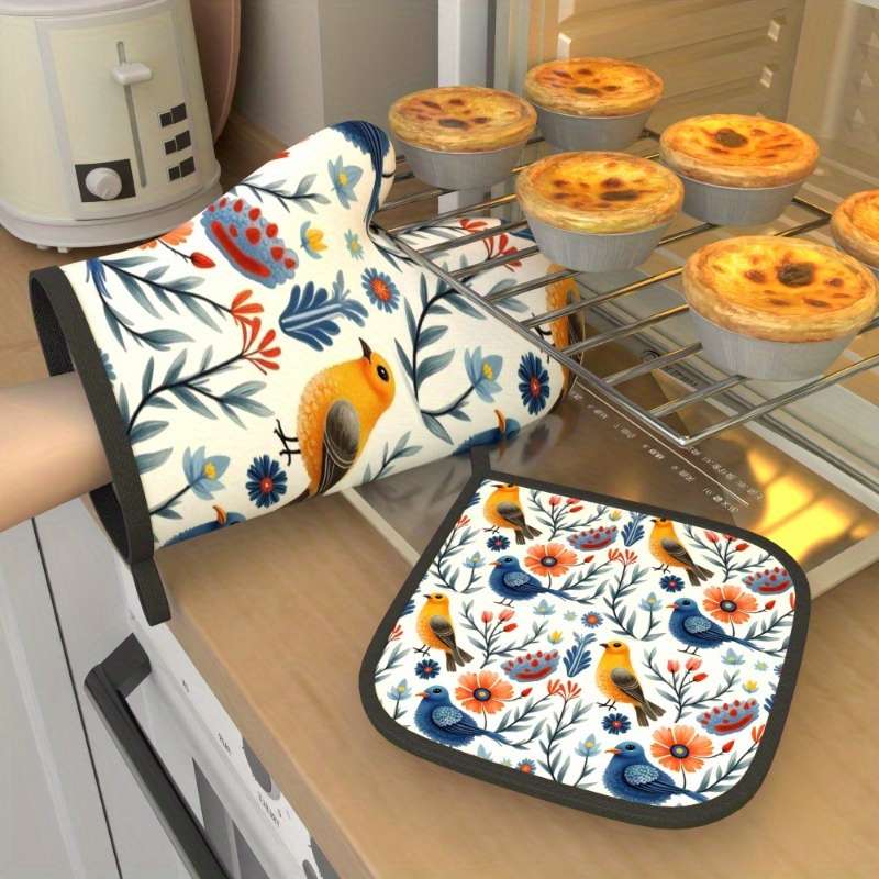 2pcs Floral Bird Design Heat-Resistant Oven Mitts 26.92x17.02 cm Colorful Polyester Kitche