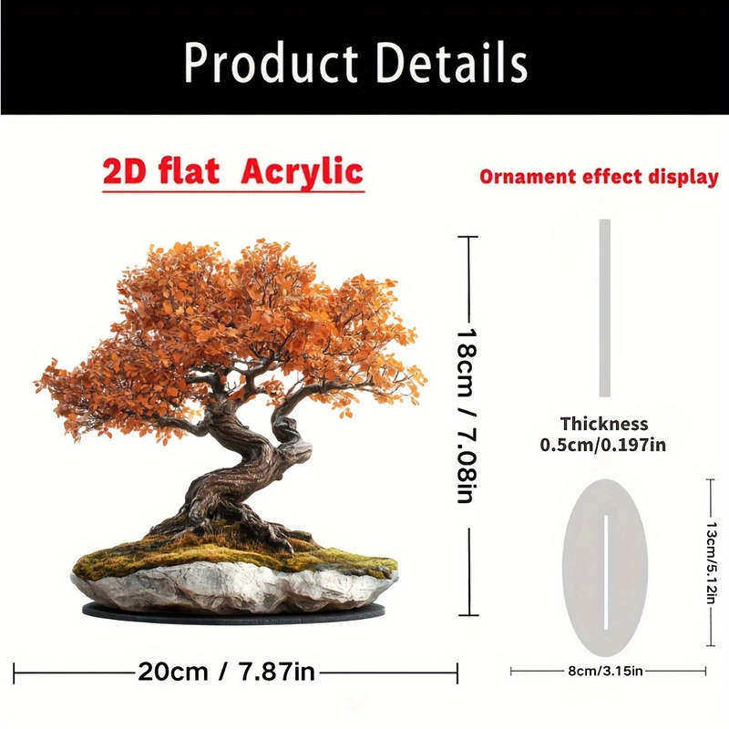 1pc 2D Flat   Acrylic Bonsai Tree with Golden Leaves Sturdy Stone Base Bohemian-Style De
