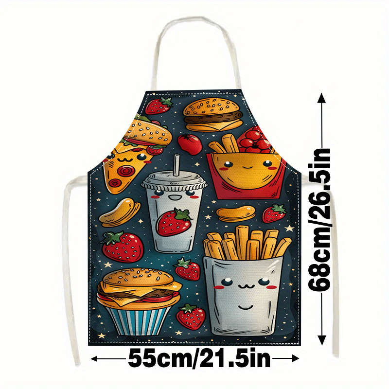 1pc Large Linen Apron with Fun Food Cartoon Print Cute Strawberry Burger Fries Design Dur