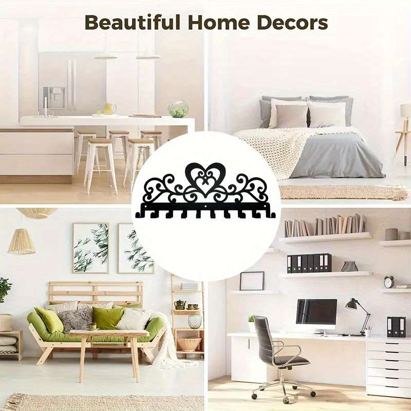 Vintage Heart-Shaped 10-Hook Black Metal Key HolderStylish Wall-Mounted Organizer for K