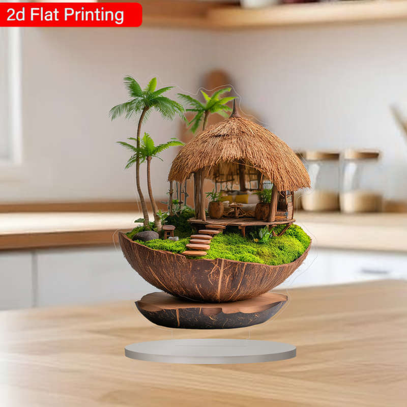 1pc 2D Flat  Boho Tropical Coconut Hut Acrylic Artwork with Wooden Base Handmade