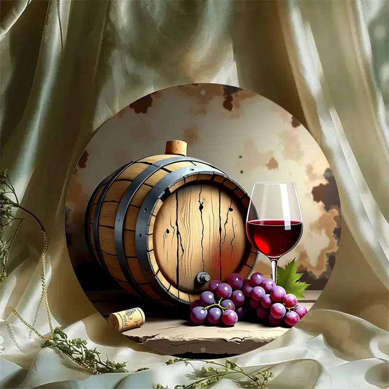 1pc 8-Inch Round Aluminum Sign Rustic Red Wine Wooden Barrel Design with Grapes Ideal for Holiday De
