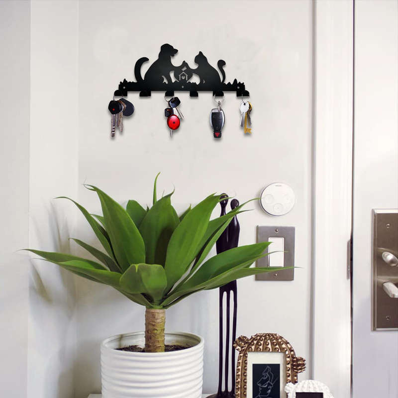 1pc Whimsical Cat  Dog Metal Wall Hook RackContemporary Black Silhouette Design with 6 Hooks for