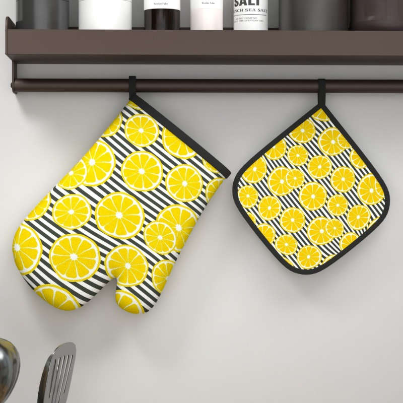 2pcs Lemon Print Oven Mitts Heat Resistant Kitchen Gloves with Black White Striped Design
