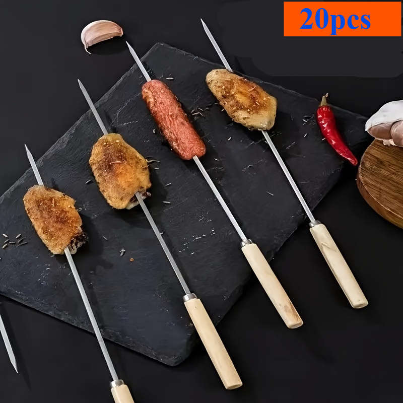 20pcs Stainless Steel Skewers with Ergonomic Wooden Handles Durable Thick Grill Sticks for C